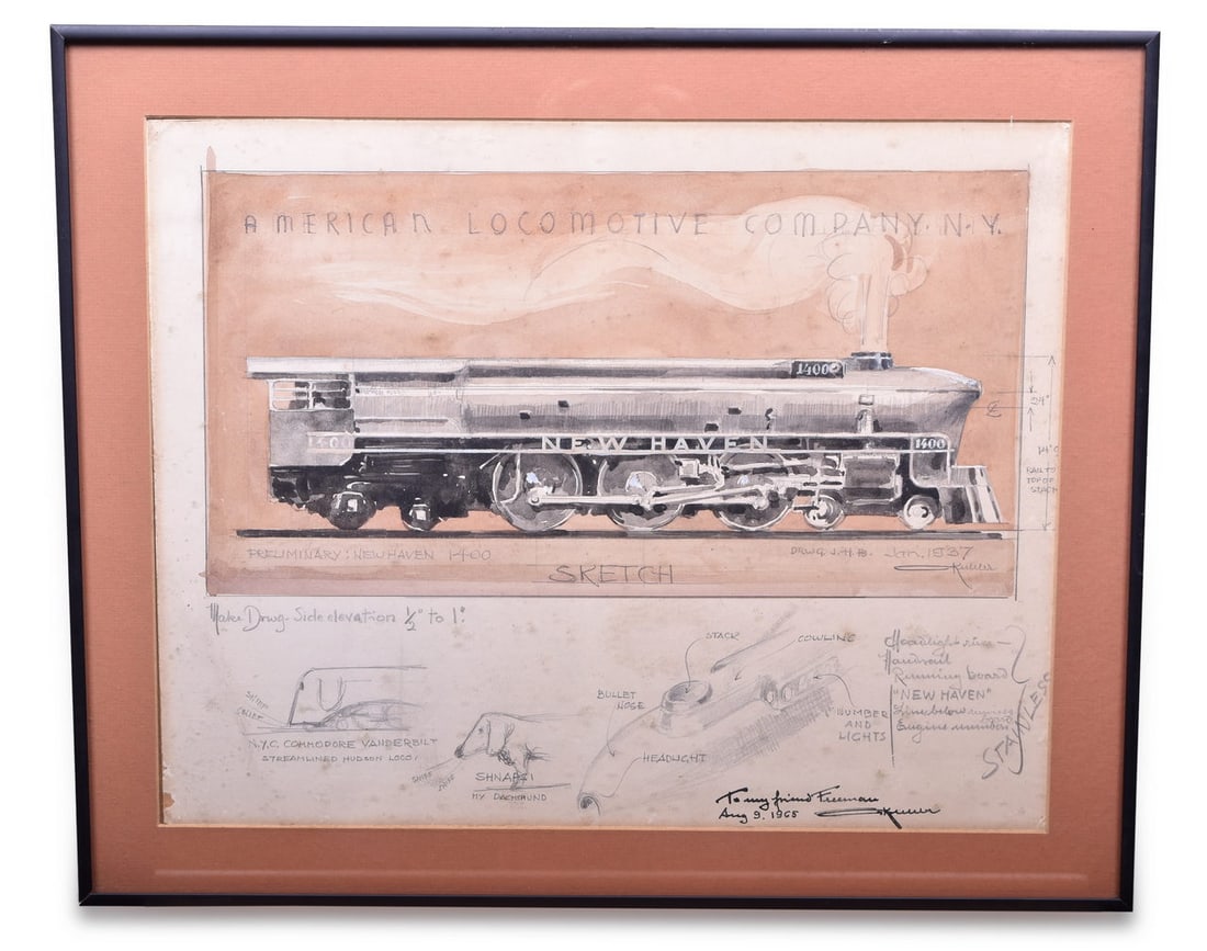 Incredible Otto Kuhler Alco New Haven 1400 / I-5 Steam Locomotive Proposal Sketch w/ Remarque (1 of 5)