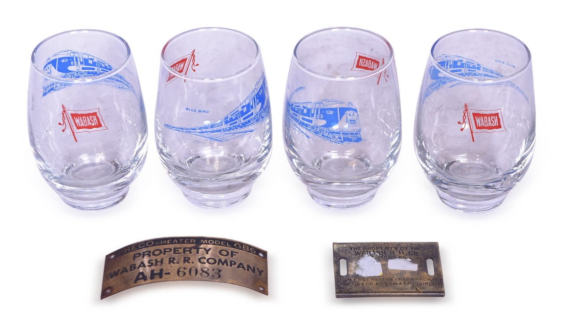 Set Of Four Wabash Railroad Blue Bird Diesel Drinking Glasses, Brass Luggage Tag, And Id Plate