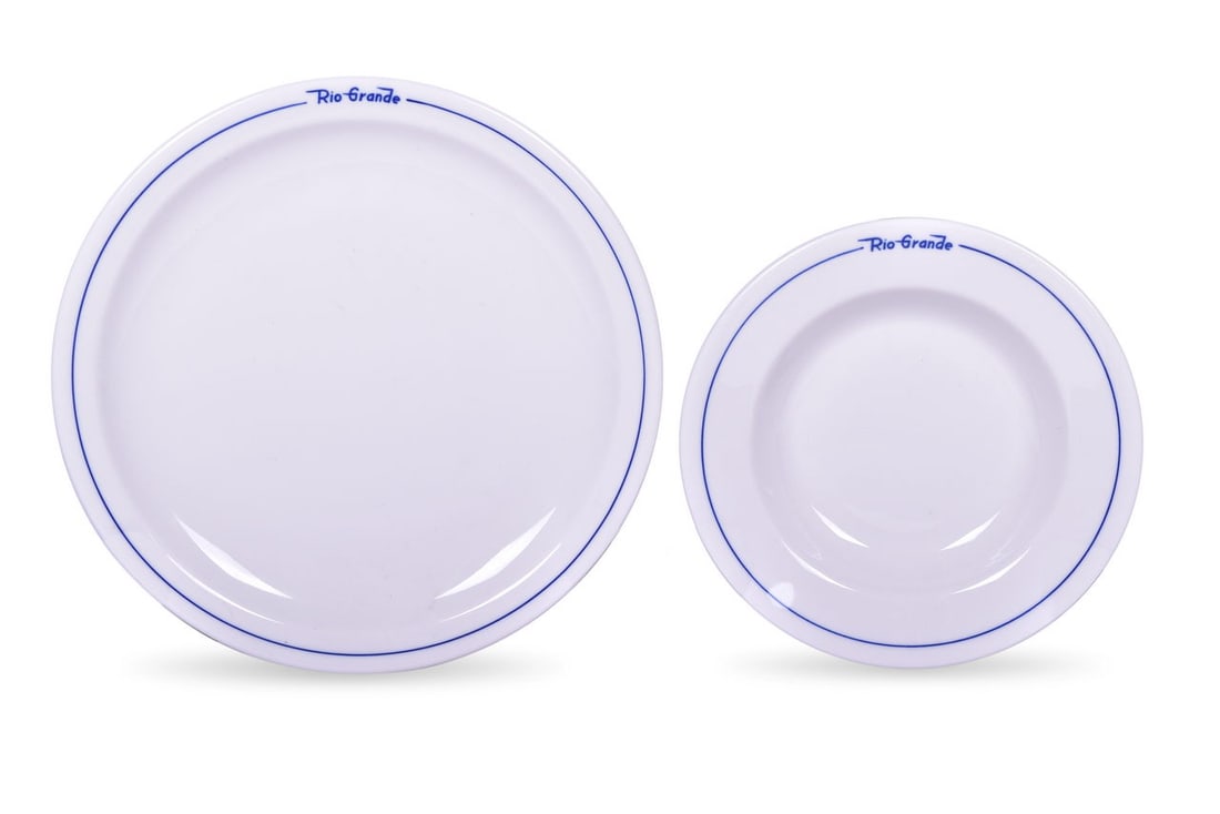 Denver & Rio Grande Western Railroad China Prospector Dinner Plate and Rimmed Bowl: Denver & Rio Grande Western Railroad China Prospector Dinner Plate and Rimmed BowlTwo pieces of railroad dining car china for the Denver & Rio Grande Western Railroad in the Prospector pattern by Syra