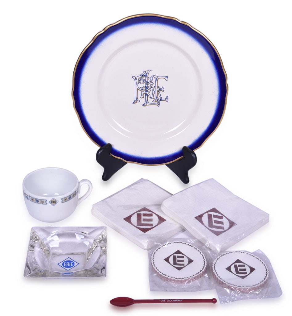 Eight Erie and Pittsburgh & Lake Erie Railroad Dining Car Items - Sweetbriar Cup, York Plate, Glass: Eight Erie and Pittsburgh & Lake Erie Railroad Dining Car Items - Sweetbriar Cup, York Plate, Glass Ashtray, Coasters, Napkins, Drink StirrerA mix of dining car items for Erie Railroad and Pittsburgh