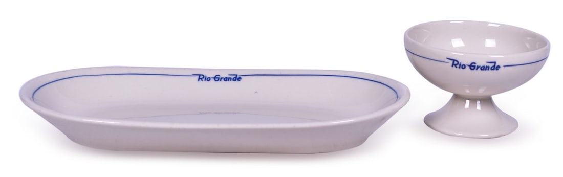 Denver & Rio Grande Western Railroad China Prospector Pedestal Ice Cream Cup and Oval Celery Tray: Denver & Rio Grande Western Railroad China Prospector Pedestal Ice Cream Cup and Oval Celery TrayA pair of dining car china for the Denver & Rio Grande Western Railroad in the Prospector pattern by Sy