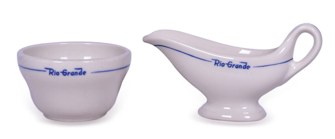 Denver & Rio Grande Western Railroad China Prospector Sauce Boat and Bouillon Cup: Denver & Rio Grande Western Railroad China Prospector Sauce Boat and Bouillon CupA pair of dining car china for the Denver & Rio Grande Western Railroad in the Prospector pattern by Syracuse, both sid