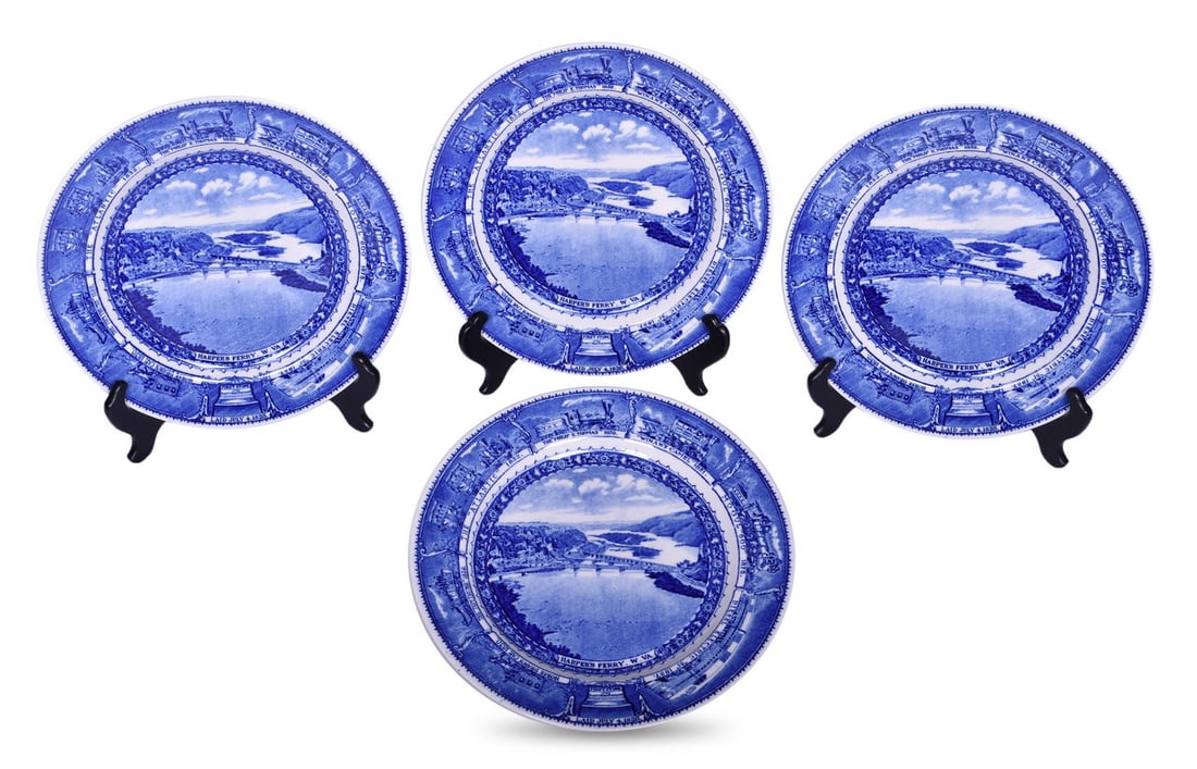 Four Baltimore & Ohio Railroad China Centenary Harper's Ferry Plates 10 1/2": Four Baltimore & Ohio Railroad China Centenary Harper's Ferry Plates 10 1/2"A group of four 10 1/2" china plates for the B&O Railroad in the Centenary pattern with the Harper's Ferry graphic