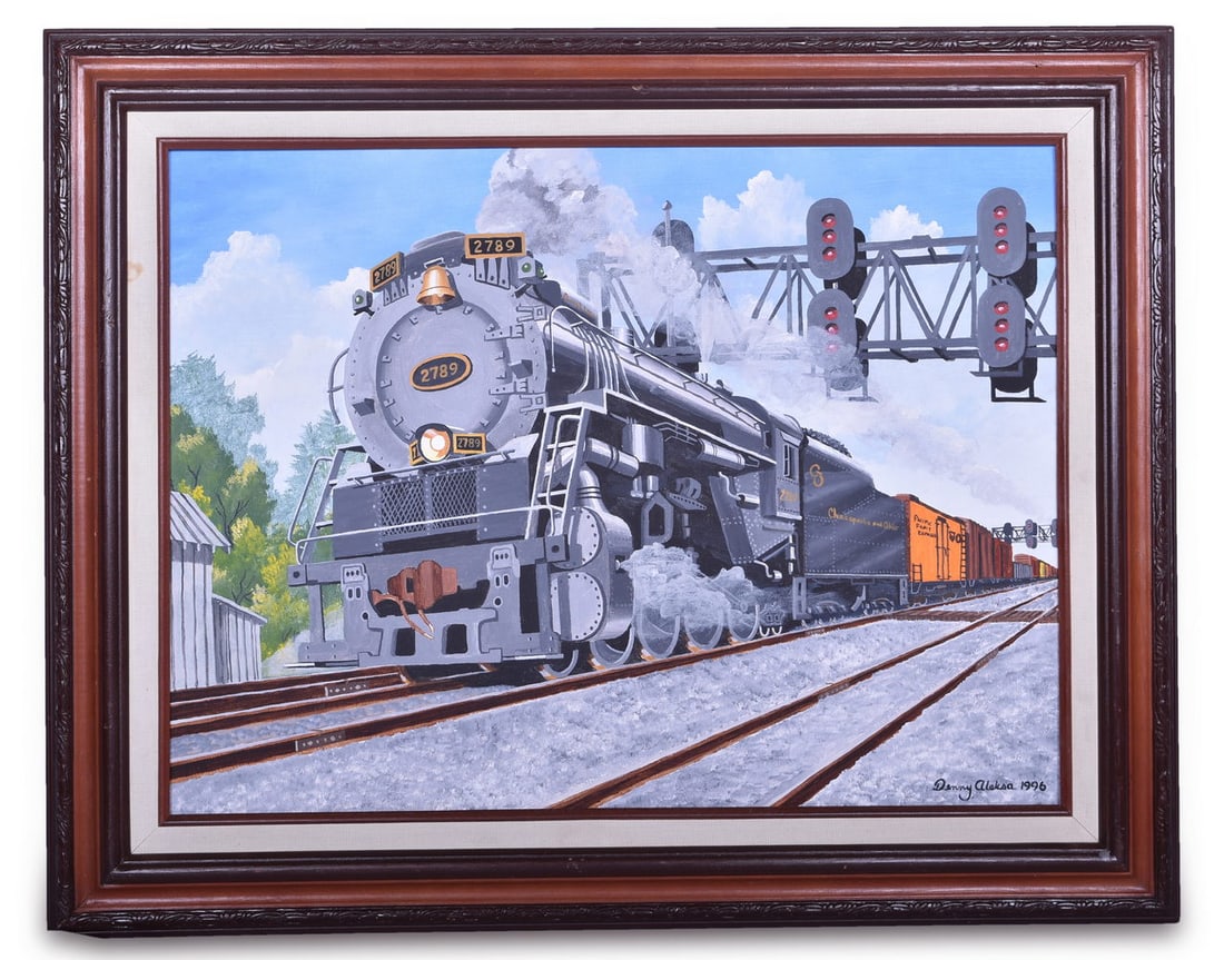 Original Denny Aleska Painting of Chesapeake and Ohio steam locomotive Kanawah 2-8-4 #2789: Original Denny Aleska Painting of Chesapeake and Ohio steam locomotive Kanawah 2-8-4 #2789Original acrylic on canvas painting of Chesapeake and Ohio #2789 passing under a signal bridge. The piece was