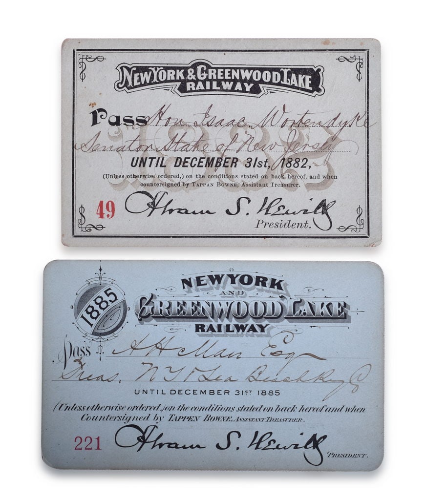 1882 and 1885 New York & Greenwood Lake Railway Annual Passes - New Jersey State Senator Wortendyke (1 of 2)