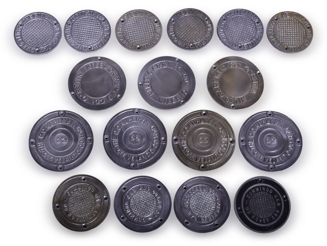 17 Ohio Traction Car Builders Plates - Cummings, C.C. Kuhlman, Niles Car, Cincinnati Car Co.: 17 Ohio Traction Car Builders Plates - Cummings, C.C. Kuhlman, Niles Car, Cincinnati Car Co. Group of Ohio traction car builders plates. These small cast round medallions appear to be very clean and b
