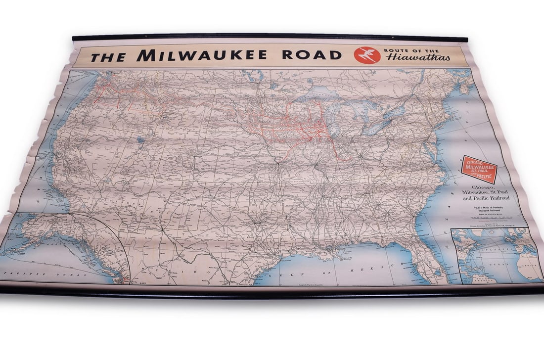 1951 Chicago, Milwaukee, St. Paul & Pacific Railroad Wall Map - Route of the Hiawathas (1 of 3)