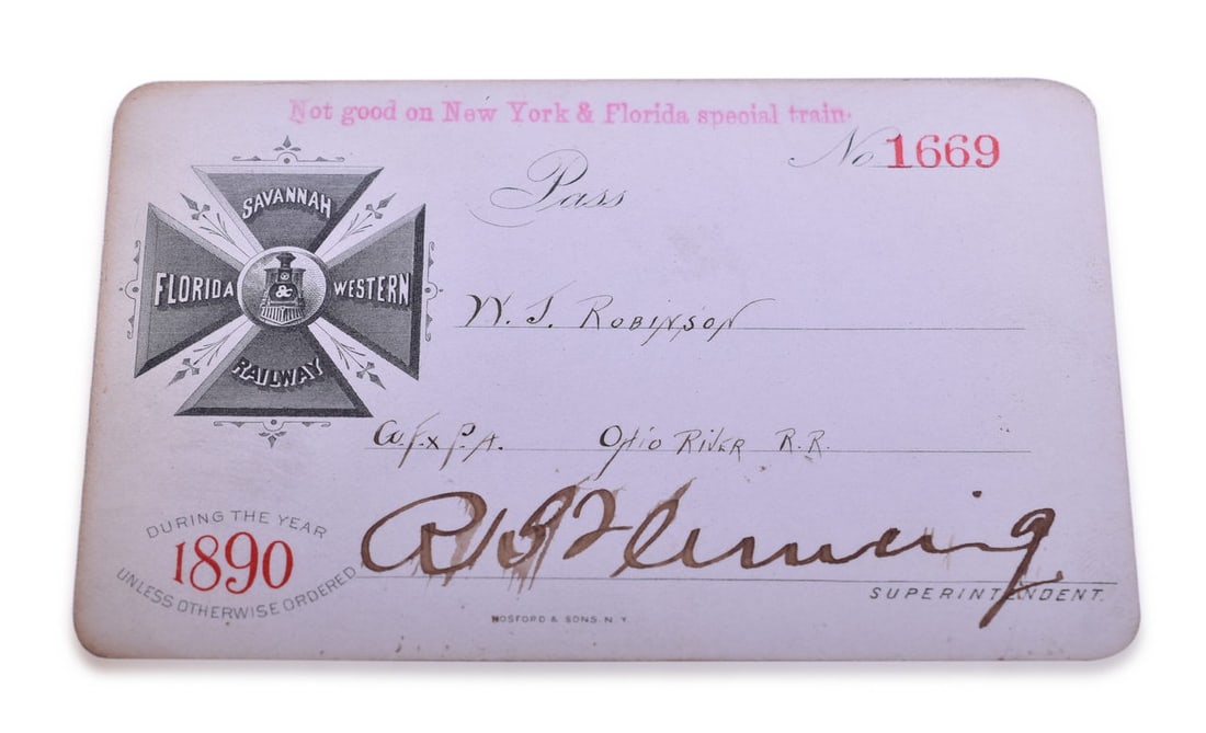 1890 Savannah, Florida & Western Railway Annual Pass (1 of 2)
