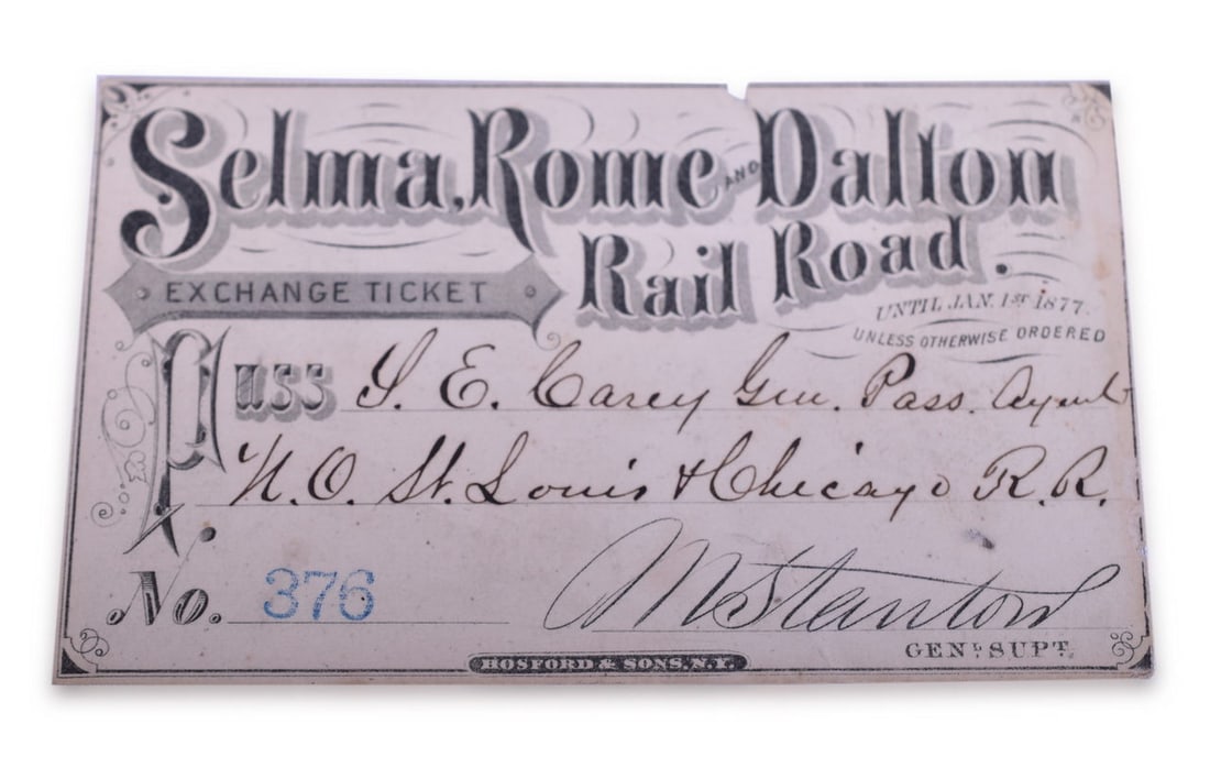 1876 Selma, Rome and Dalton Railroad Annual Pass Exchange Ticket (1 of 2)