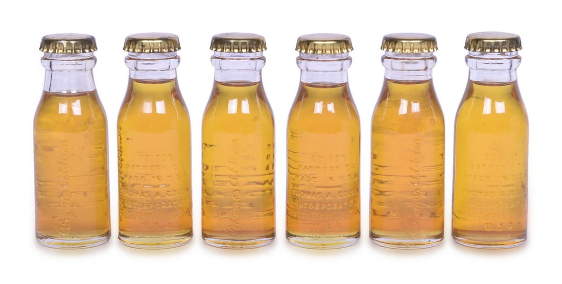 Group of Six New Old Stock Thomas A Edison Battery Oil Glass Bottles (1 of 2)