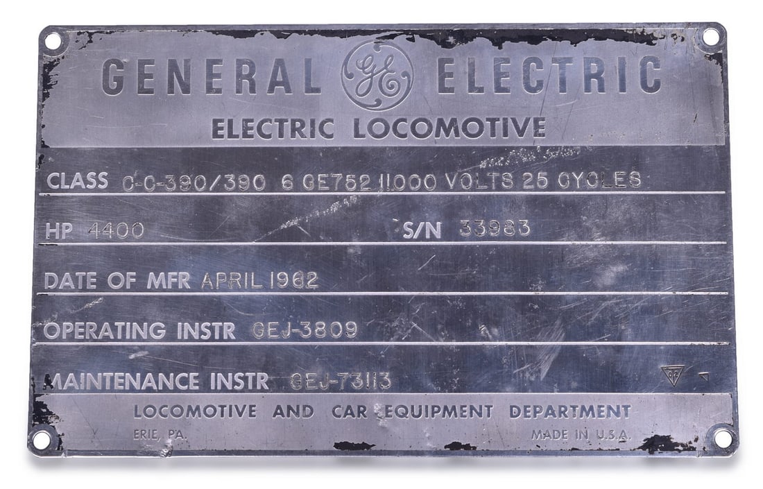Pennsylvania Railroad E-44 Electric Locomotive General Electric Builders Plate (1 of 2)