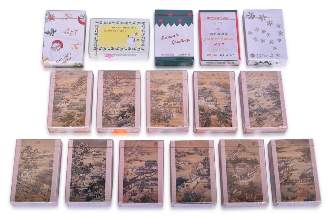 Sixteen New Old Stock China Airlines Playing Card Decks Sealed in Original Cellophane: A collection of souvenir playing cards advertising China Airlines by Royal Playing Cards Taiwan, all sealed in original cellophane packaging. Includes eleven decks with graphics of older paintings of 