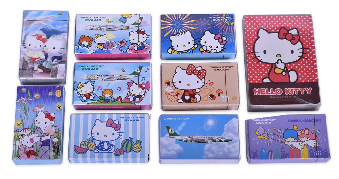 Ten EVA Air Hello Kitty Airline Playing Card Decks: A group of advertising playing card decks for EVA Airways Taiwan featuring Hello Kitty and other Sanrio characters. Almost all are new old stock in original cellophane packaging. The only opened deck