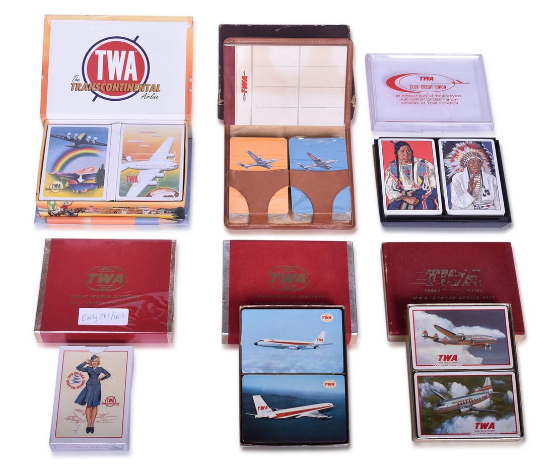 Thirteen TWA Trans World Airlines Playing Card Decks Advertising Stratoliner, American Indians, and (1 of 2)