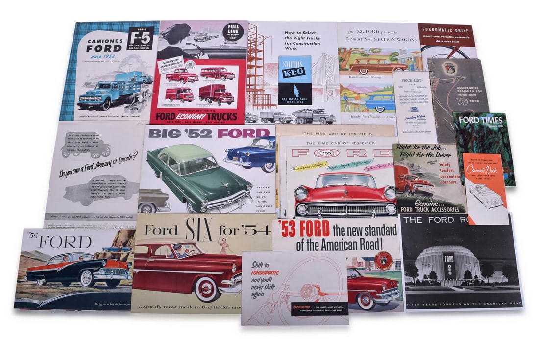 21 Pieces of Ford Passenger Car & Truck Promotional Literature 1952-1956: Twenty one peices of Ford car and truck literature. Highlights include four pieces of truck / bus literature including 1952 F-5 Spanish brochure, 1952 Coronado Deck brochure, January 1952 Ford Times, 