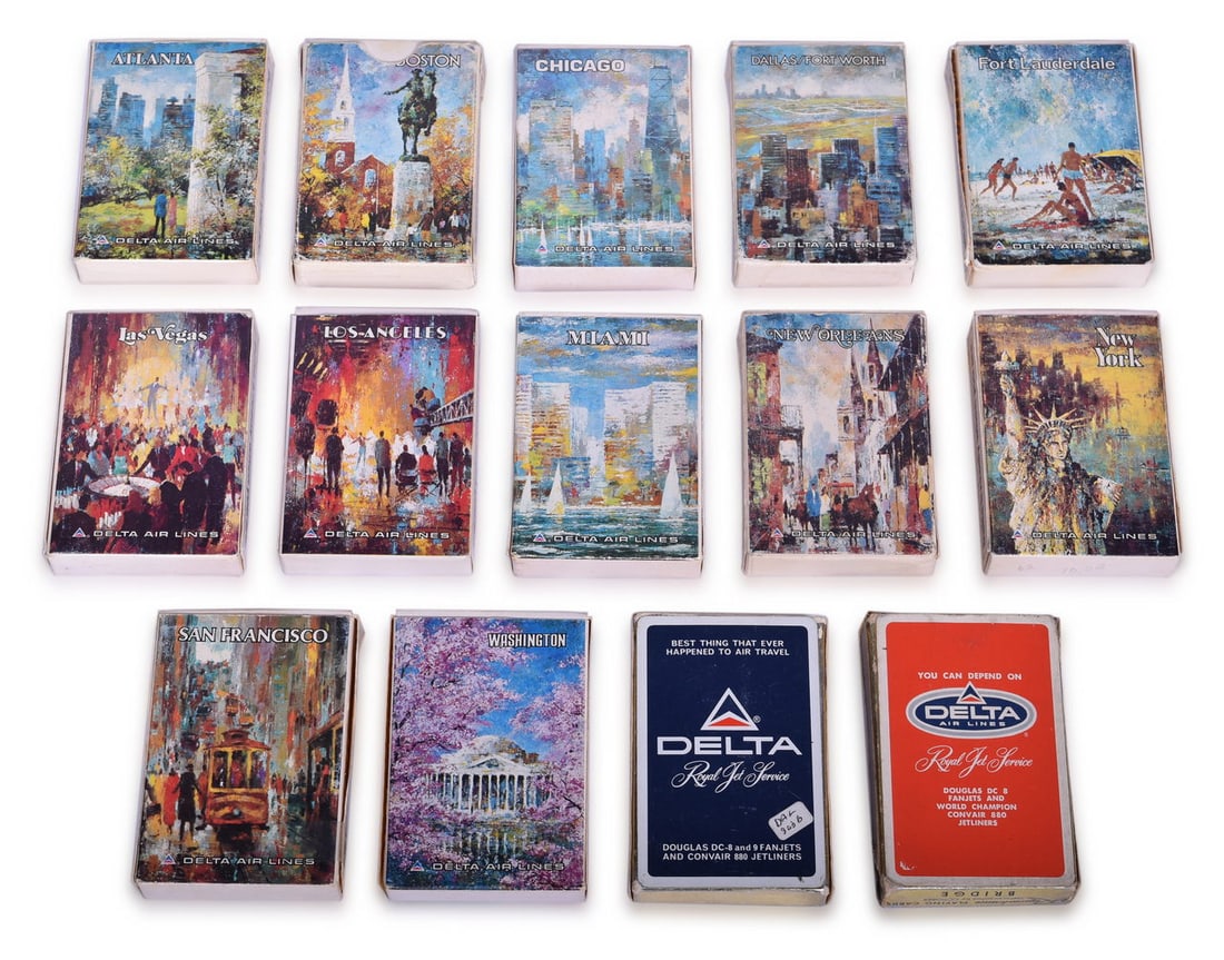 Fourteen Decks of Delta Air Lines Playing Cards Advertising Travel Destinations and Royal Jet: A group of playing card decks advertising Delta Airlines, all with different designs depicting fun and exotic travel destinations or the Royal Jet Service. Some or all decks from Brown & Bigelow or Ho