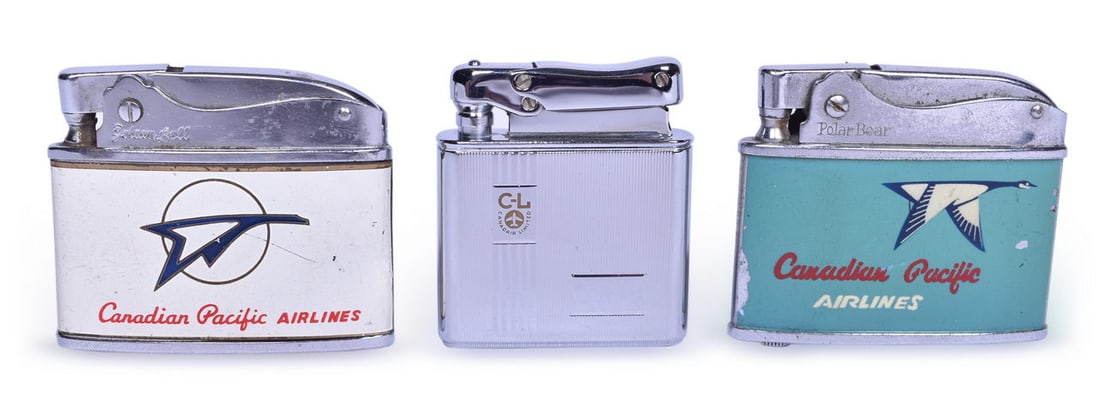 Three Canadian Pacific Airlines and Canadair Limited Advertising Lighters - Polar Bear, Golden Bell,: A pair of lighters advertising Canadian Pacific Airlines and one advertising Canadair Limited. Includes a Polar Bear lighter enameled on the front with the goose logo and teal blue background, and ena