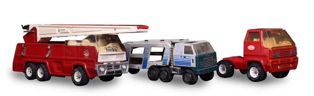 Three Pressed Steel Tonka Trucks - Fire Truck, Turbine Semi Cab, and Auto Carrier (1 of 7)