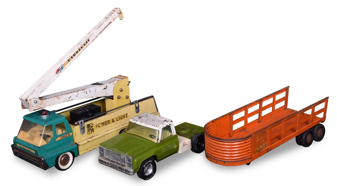Three Pressed Steel Toys - Structo Power & Light Truck, Structo Overland Freight Lines Trailer, and (1 of 5)