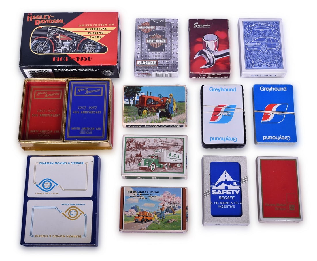 Sixteen Transportation Advertising Playing Card Decks - Harley Davidson, Greyhound, North American (1 of 3)