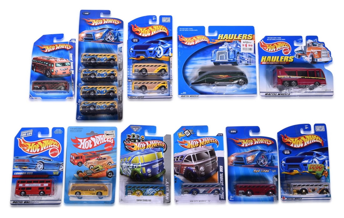 Group of Fifteen Hot Wheels Die Cast Cars Mint on Card - School Bus No. 3, Haulers, and Surfin' (1 of 3)