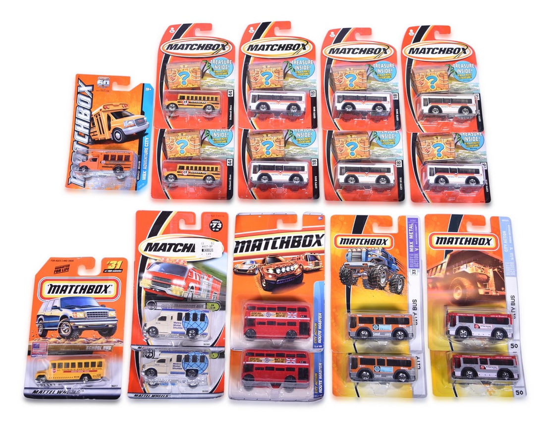 Eighteen Matchbox Die Cast Bus Vehicles - City Bus, School Bus, Chevy Transport, Route Master, and (1 of 3)