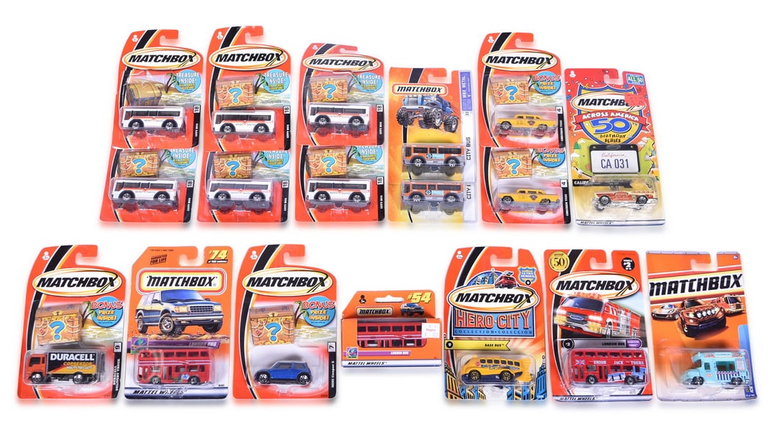 Eighteen Matchbox Die Cast Bus Vehicles - City Bus, School Bus, Chevy Transport, Route Master, and (1 of 3)