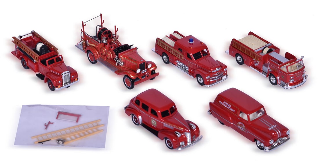 Six Die Cast Fire Department Automobiles - Corgi Seagraves, Mack Truck, Pontiac Van, Chevrolet, and (1 of 3)