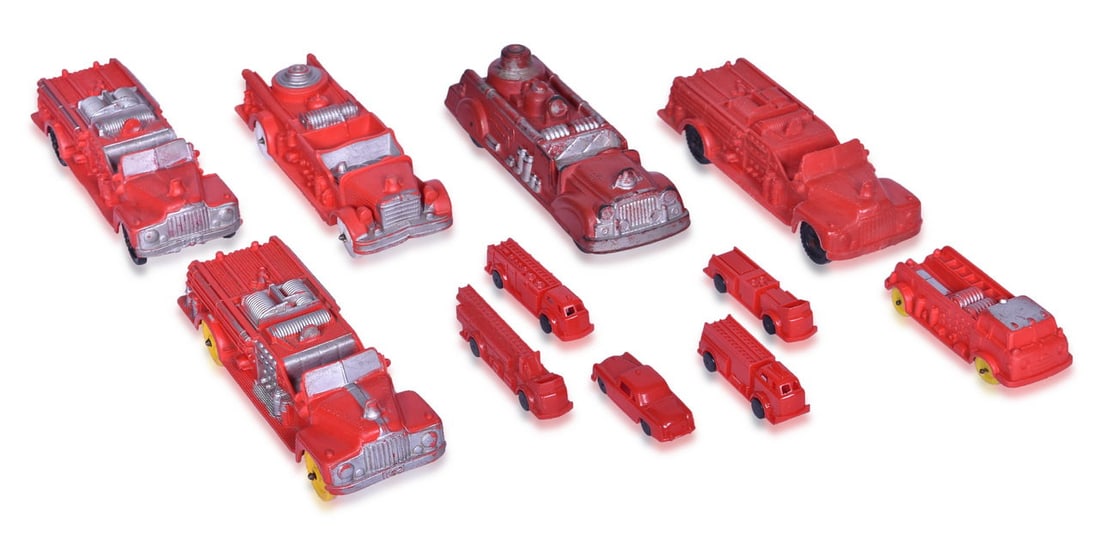 Eleven Red Plastic and Rubber Fire Engine Trucks and Car - Auburn Fire Department #1 and KFD (1 of 3)