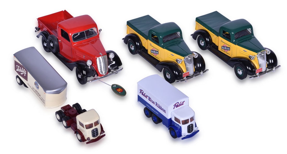 Five Die Cast Toy Trucks - Chicago & Northwestern Railroad Chevy Banks, Schlitz Beer, Pabst Blue (1 of 3)