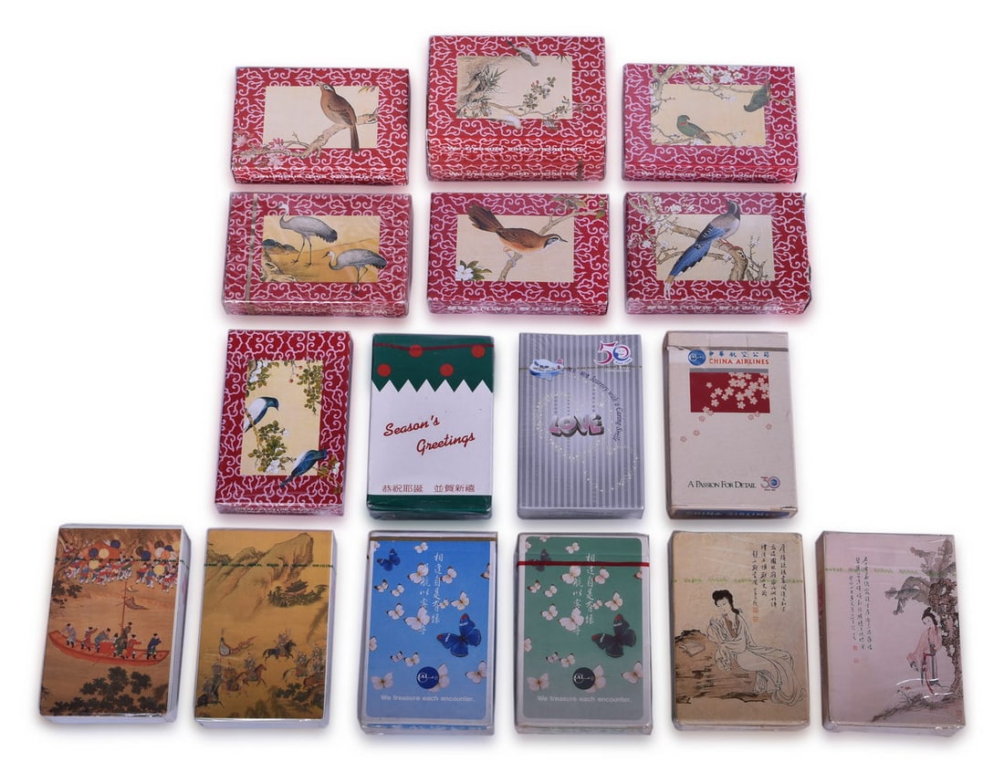 Seventeen Decks of China Airlines Playing Cards Including New Old Stock: A collection of souvenir playing cards advertising China Airlines by Royal Playing Cards Taiwan, mostly sealed in original cellophane packaging or opened but unused. Includes eight decks featuring var
