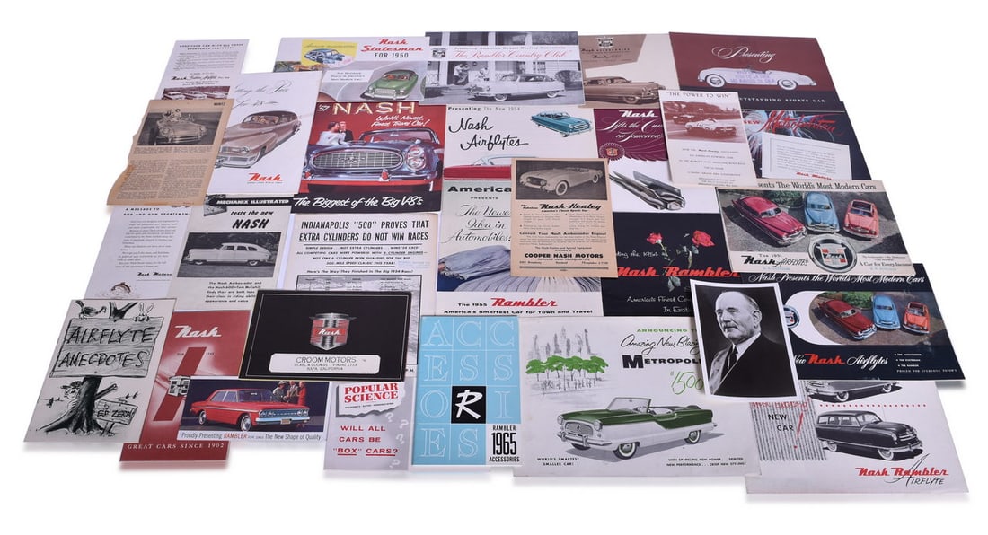30 Pieces of Nash Automotive Promotional and Sales Literature: Thirty peices of Nash literature spanning 1946 to 1967. Some of the models covered in the group include Rambler, Airflytes, Ambassador, Group includes accessory catalogs, variations on catalogs, mini-