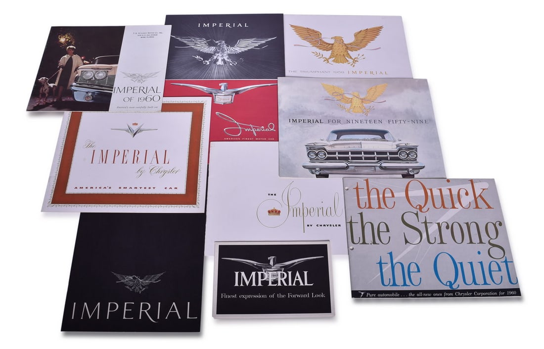 Eleven Pieces of Chrysler Imperial Sales / Promotional Literature 1950s - 1960: Group of eleven peices of Chrysler Imperial sales and promotional literature spanning 1950s to 1960. Includes catalogs, mailers, and brochures, all for the Imperial. Some minor corner wear, but otherw