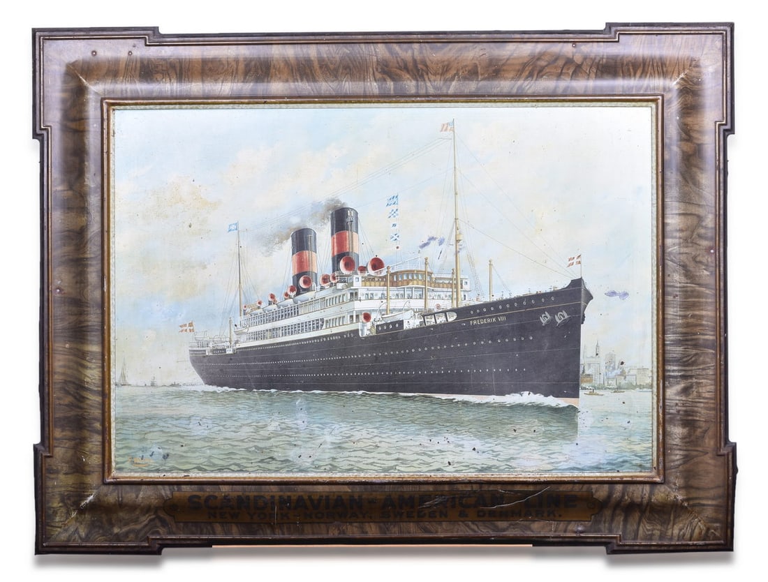Scandinavian-American Line Tin Lithograph Advertising Sign of Frederick VIII By Ferdinand Worms (1 of 4)