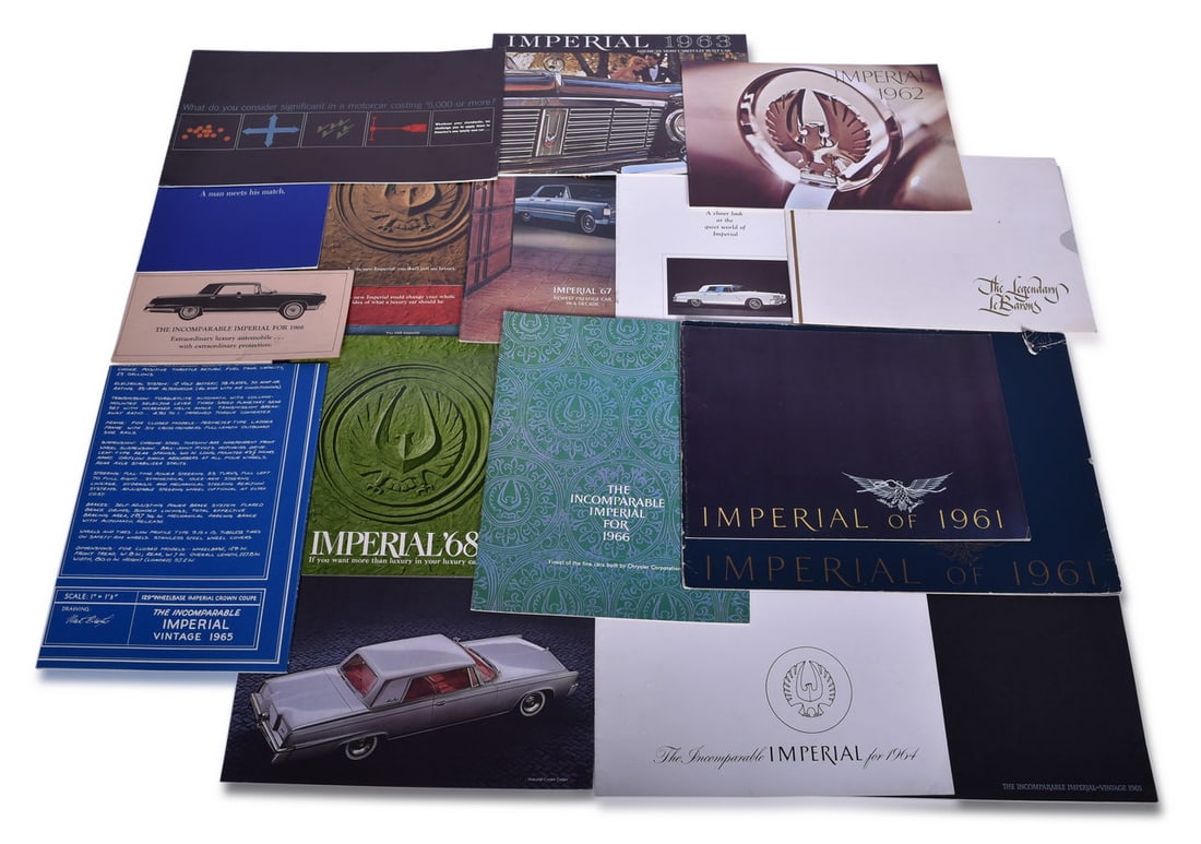 19 Pieces of Chrysler Imperial Sales / Promotional Literature 1960-1968: Group of eleven peices of Chrysler Imperial sales and promotional literature spanning 1960 to 1968. Includes catalogs, mailers, and brochures, all for the Imperial. Some minor corner wear, but otherwi