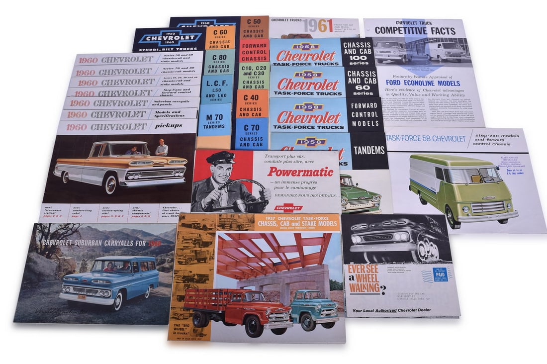 25 Pieces of Chevrolet Passenger and Commercial Truck Sales and Promotional Literature 1958-1962: Twenty five pieces of Chevrolet truck and commercial truck literature. Interesting items include 1960 Suburban brochure, French language Powermatic brochure, and more. Includes catalogs and brochures.