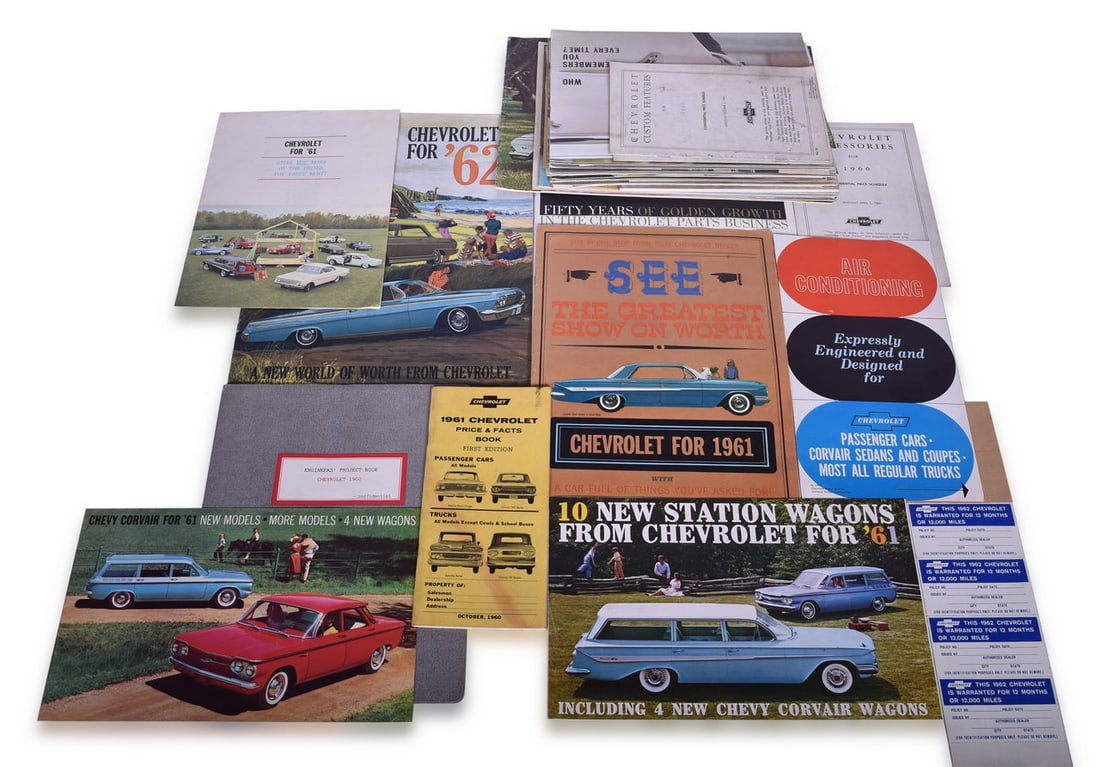 57 Pieces of Chevrolet Passenger Car Sales and Promotional Literature 1960-1962 - Including Dealer: Fifty seven pieces of Chevrolet literature spanning 1960-1962. Interesting items include 1961 Corvair Comparator dealer sheet, 1961 Corvair mailer, two 1961 features price schedule, 1962 warranty stic