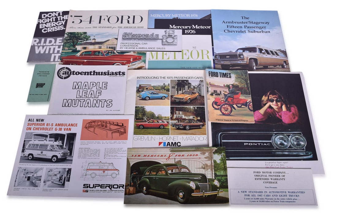 Fifteen Pieces of Automotive Promotional and Sales Literature - Ford, Pontiac, AMC, Mercury, etc.: Fifteen peices of automotive literature from various manufactures including Ford, Mercury, Pontiac, and more. Interesting items include Silverado hearse / ambulance conversion brochure, Mercury Canadi