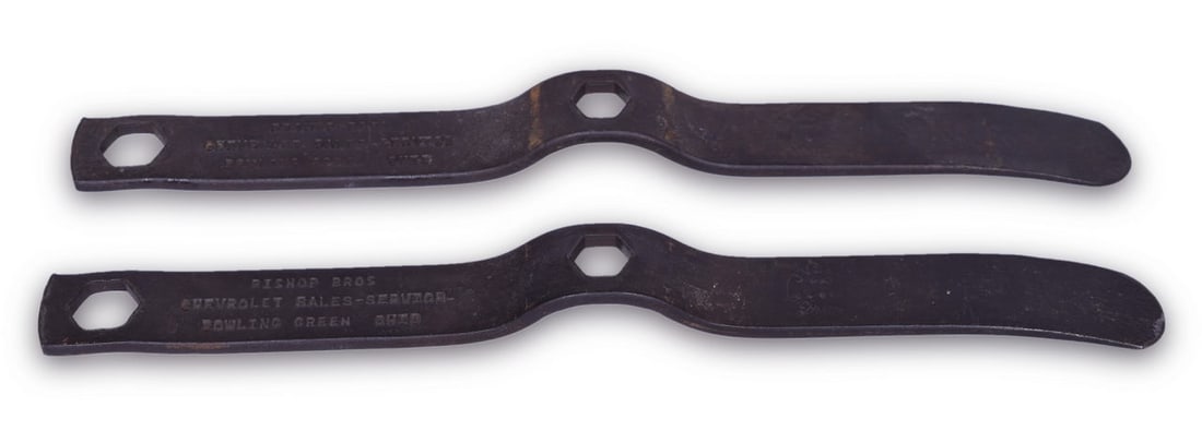 Pair of 1923 Chevrolet Sales Service Wrenches - Bishop Bros Bowling Green, Ohio: A pair of 13 7/8" long wrenches stamped Bishop Bros Chevrolet Sales - Service Bowling Green Ohio on the left side and stamped JVSCO Pat 4-8-23 Richmond MD on the right side. The Chevy wrenches show ge