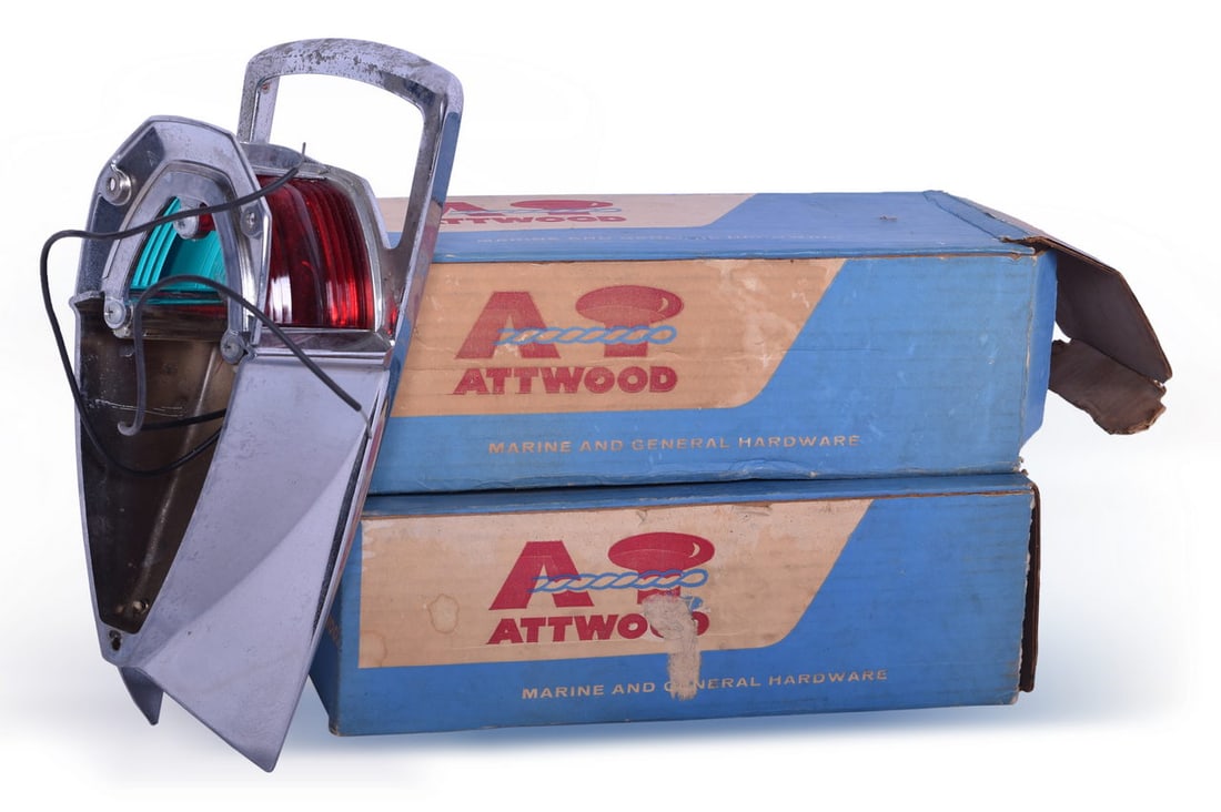 Pair of Attwood Marine Hardware Chrome Bow Lights No. 9000 With Original Boxes: A pair of chrome, red and green or blue lens Bow Light No. 9000 by Atwood Marine and General Hardware in original boxes. One light shows minimal to no signs of use but general to moderate storage wear