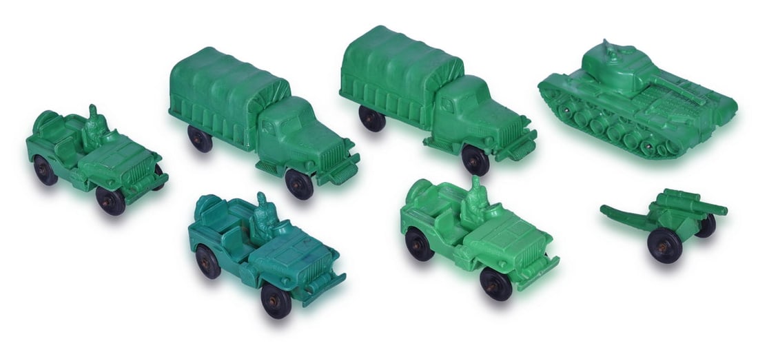 Seven Auburn Rubber Green Military Army Toys - 654 Jeep, 650 Tank, 656 Truck, and WWII Howitzer (1 of 3)
