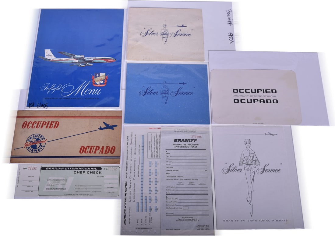 Nine Braniff International Airways Paper Items - First Class Menu, Silver Service Menu with Llama (1 of 2)