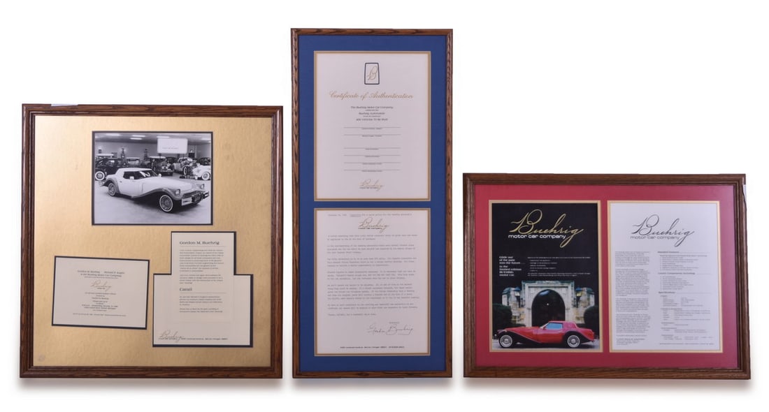 Buehrig Motor Car Certificate of Authenticity, Sales Plan, Spec Sheets, and Reveal Invitation: Group of Buehrig Motor Car historical paper. Includes an unused Certificate of Authenticity, a signed letter from Gordon Buehrig suggesting an idea for a sales policy for the vehicle, framed specifica