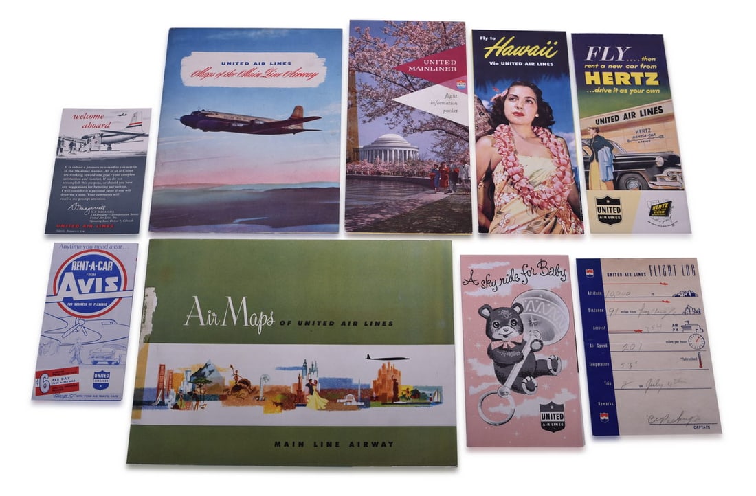 Nine United Air Lines Paper Items - Travel Brochures, Guides, Maps, Information Packet, Flight Log, (1 of 3)