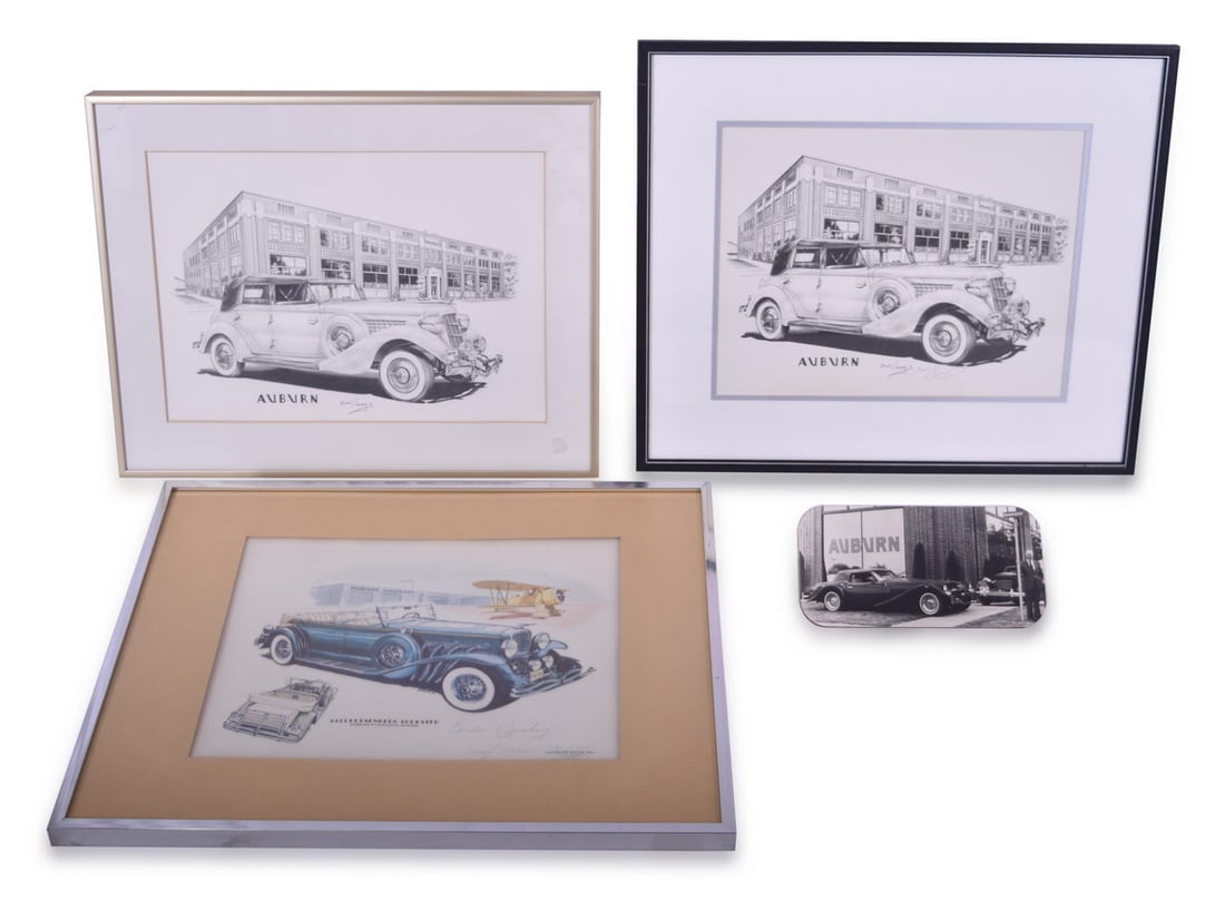 Four Auburn and Duesenberg Automotive Prints - Gordon Buehrig, ACD Museum: Group of Auburn and Duesenberg prints and more. Includes Living Legends print of a 1933 Duesenberg roadster. Closed edition print numbered 102 of 1000 and signed by Gordon Buehrig, two Brad Conway pri