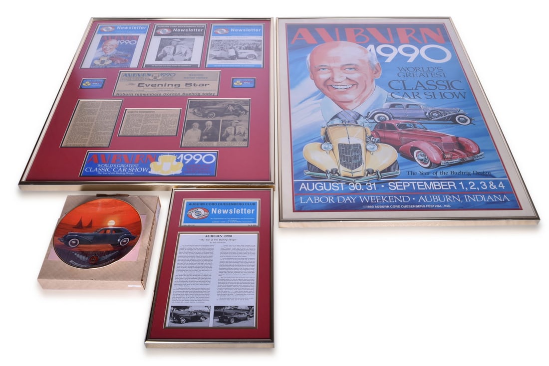 Gordon Buehrig / Auburn 1990 Year of the Buehrig Design Ephemera: Four peices of Gordon Buehrig ephemera from the 1990 Auburn car show. Includes framed 27" x 39" poster, limited edition plate # 206 of 210, framed ACD newsletter, and 28" x 34" frame featuring various