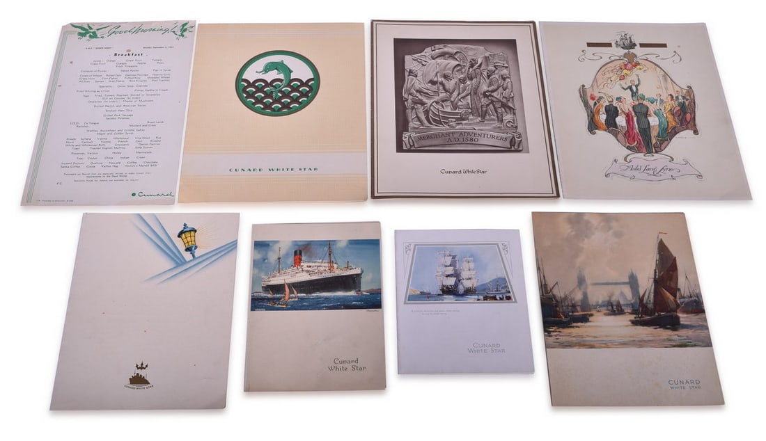 Eight Cunard Cruise Ship Menus - RMS Aquitania, Laconia, Queen Mary, and Queen Elizabeth - 1935 to (1 of 3)