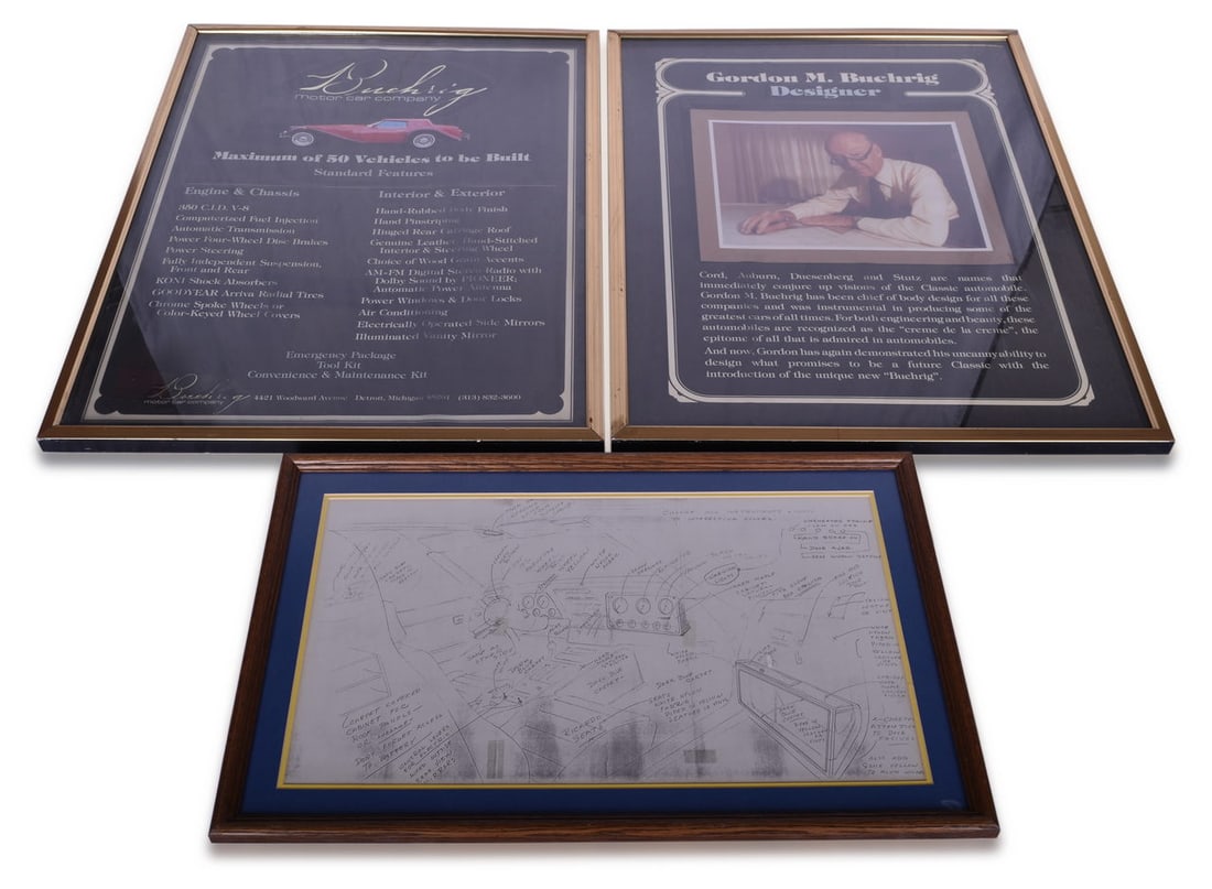 Buehrig Motor Car Specifications Poster & Interior Design Sketch: Pair of framed items from the Buehrig Motor Car Company. Includes a 25" x 33" poster showing the specifications and features of the car, a poster with a photo and biography of Gordon Buehrig and a 27"