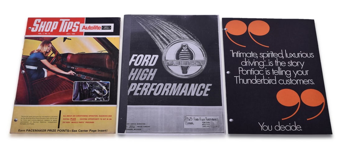 1965 Ford High Performance Manual, 1969 Thunderbird, 1969 Ford Dealer Shop Tips: Group of tougher Ford literature. Includes a reproduction copy of the 1965 Ford High Performance manual (Includes GT, Cobra, 427, and more), 1969 Thunderbird vs. Pontiac Grand Prix brochure, and July