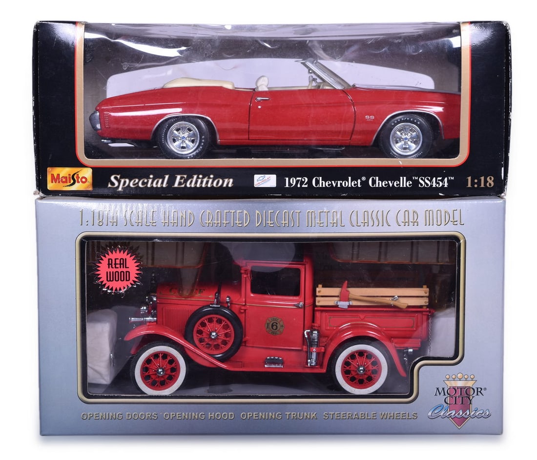 Pair of 1:18 Scale Die Cast Toy Car Models - Motor City Classics 1931 Ford Model A Fire Chief Truck (1 of 4)